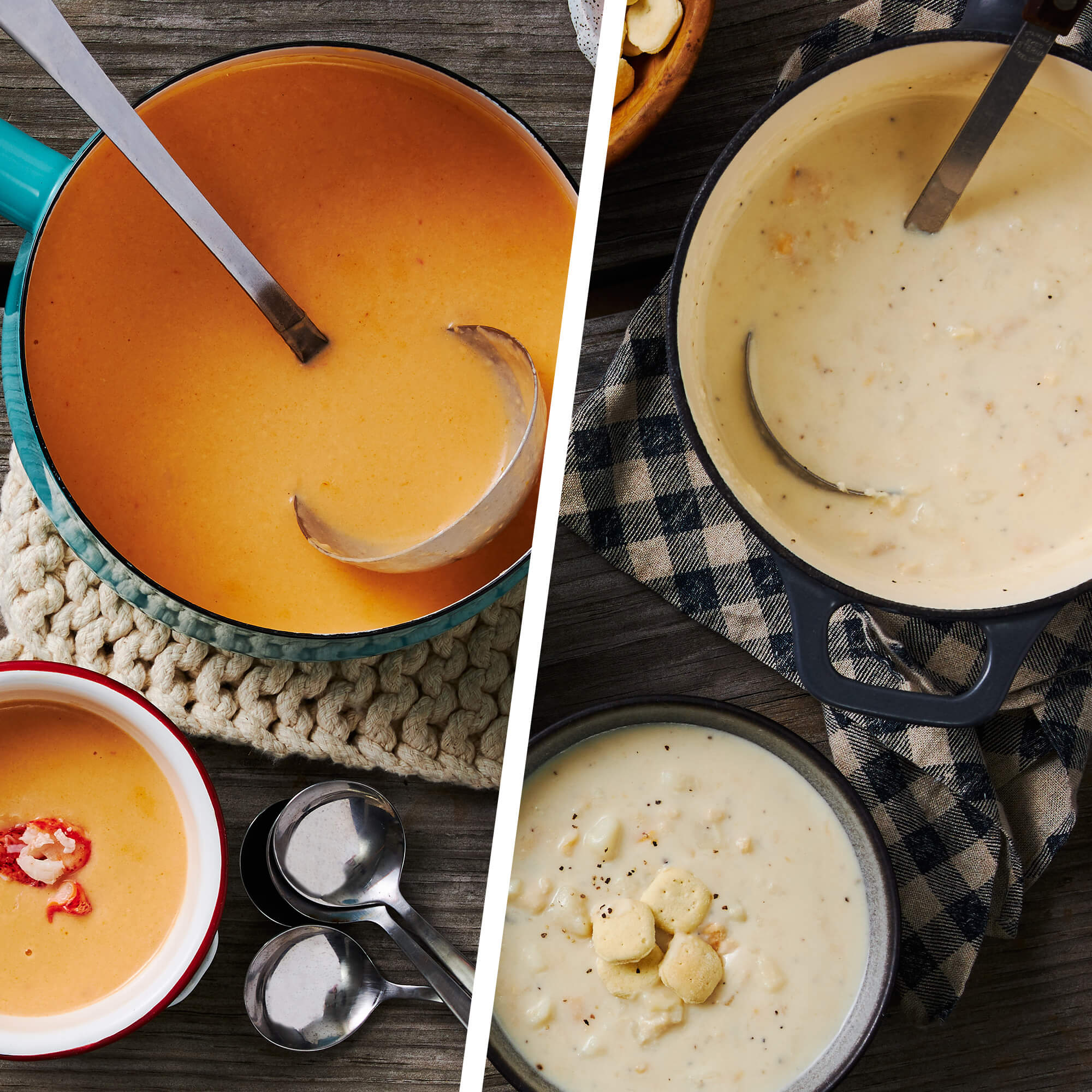 A split image showing Two bowls of lobster bisque and clam chowder with spoons on a wooden surface.