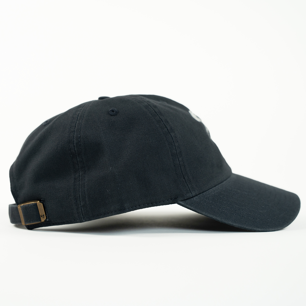 Black baseball cap with a brown buckle on a white background