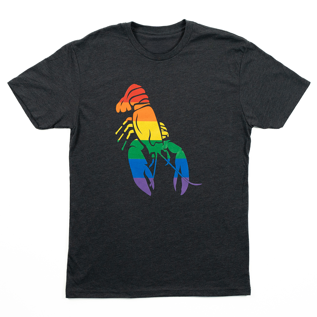 Charcoal Grey t-shirt with a colorful lobster design on a white background
