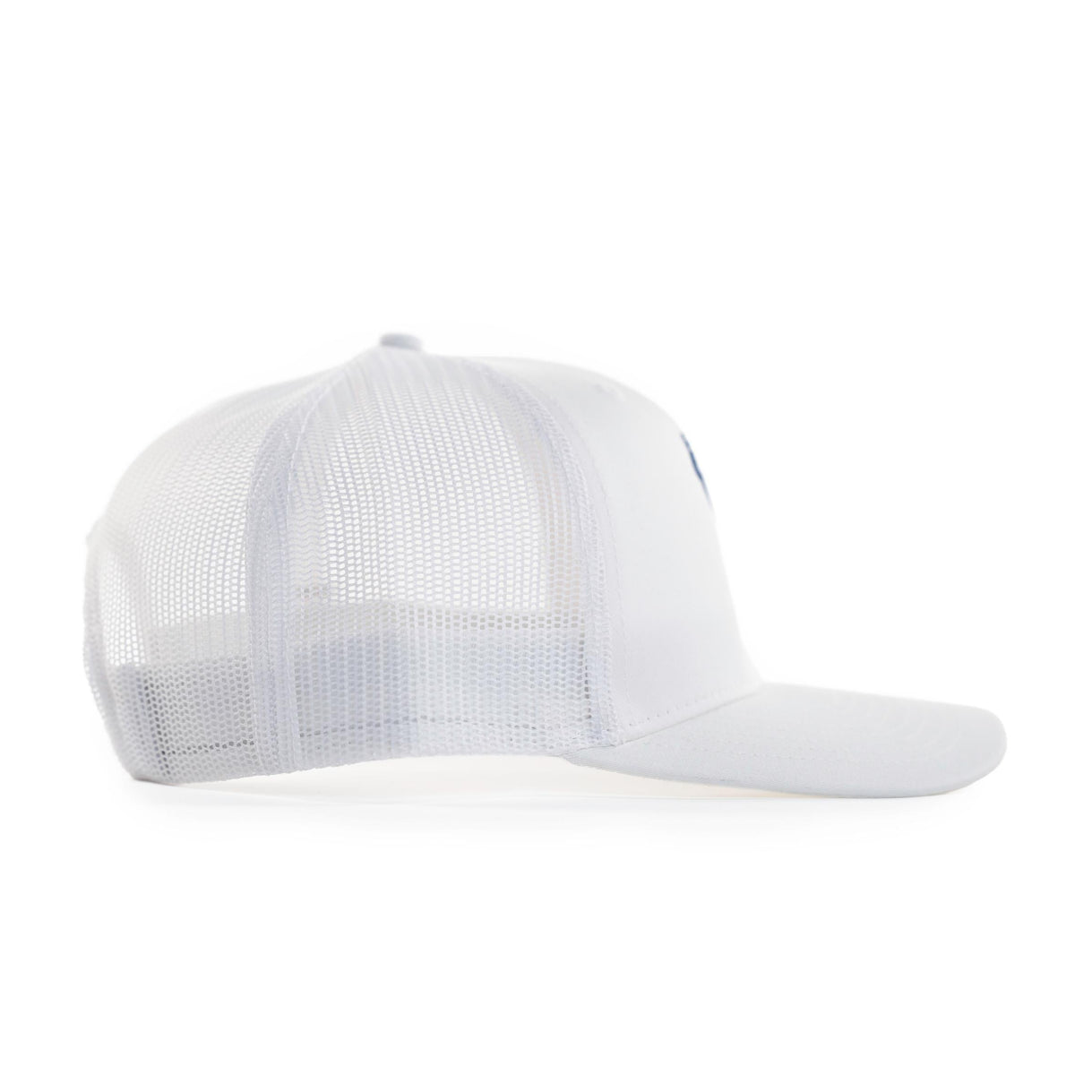 Side view of white trucker hat with white mesh back panels and navy embroidered logo edge