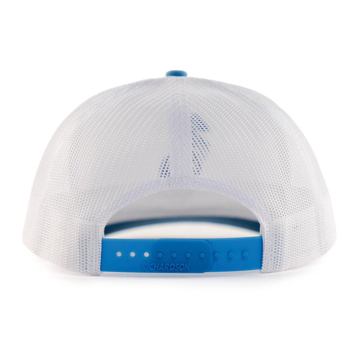 Back view of white trucker hat with white mesh panels and blue adjustable snapback strap