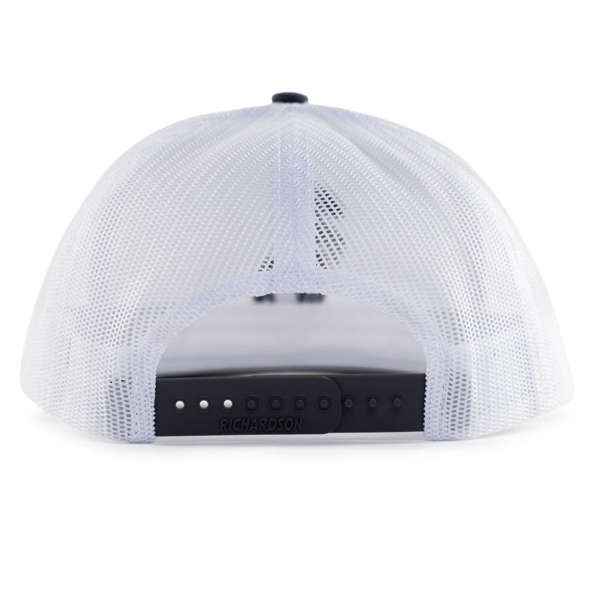 Back view of white trucker hat with white mesh panels and black adjustable snapback strap