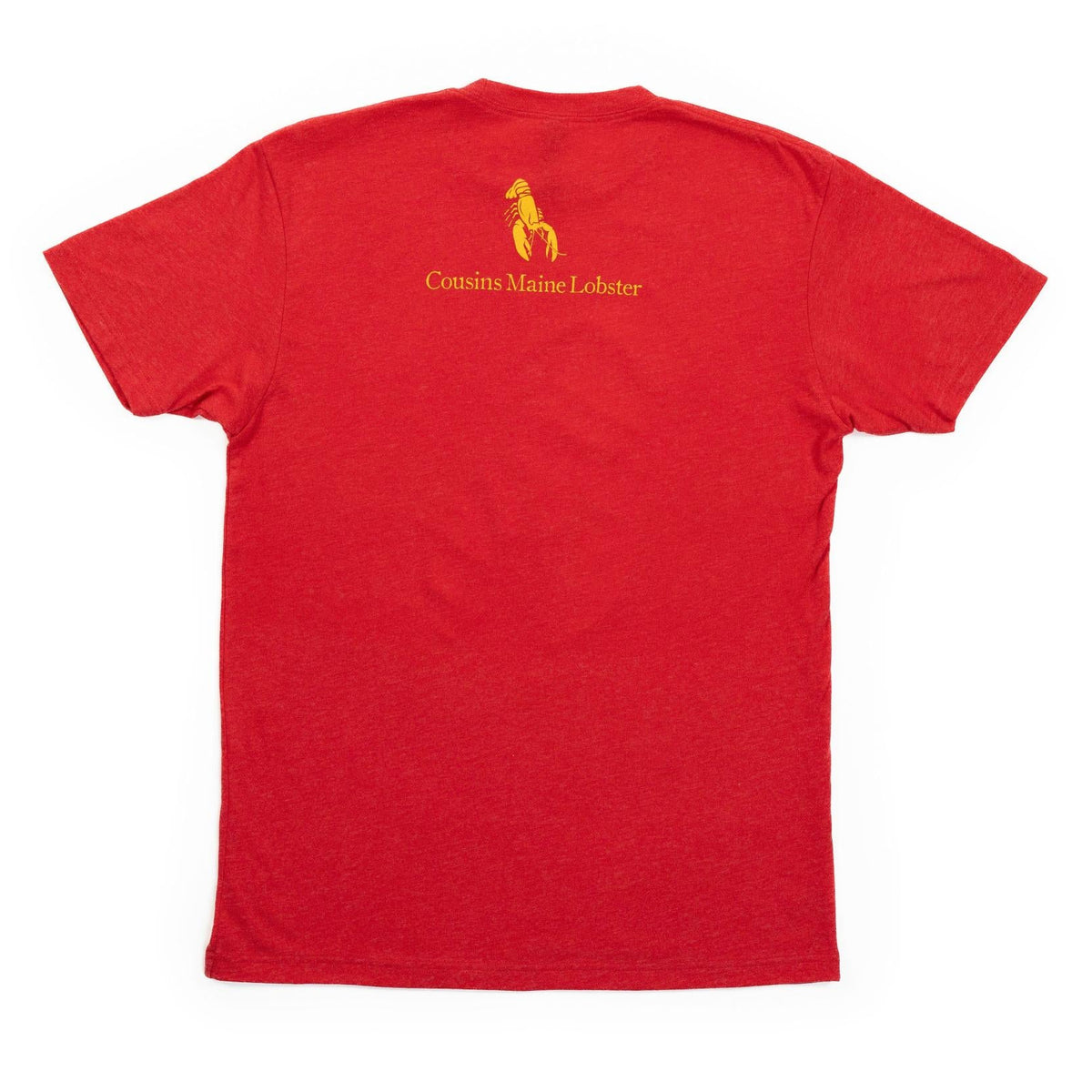 Back of red t-shirt with yellow Maine lobster logo and Cousins Maine Lobster text