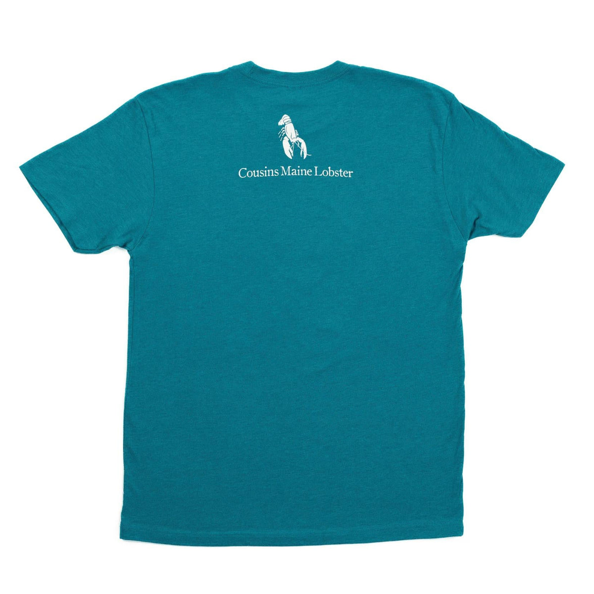 Back of teal t-shirt with white Maine lobster logo and Cousins Maine Lobster text