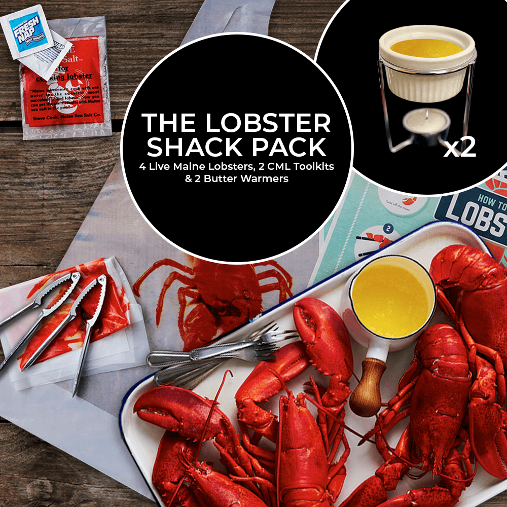 A promotional image featuring four live Maine lobsters, two CML toolkits, two butter warmers, and packaging for 'The Lobster Shack Pack'.