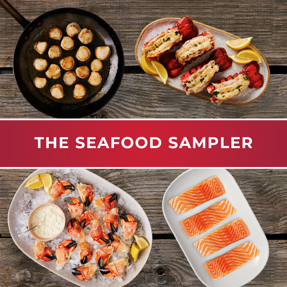 This image shows our Seafood Sampler Pack, Containing 4 Butterflied and prepared Maine Lobster Tails, a Cast Iron Pan containing cooked Maine Dayboat Scallops, Jonah Crab Cocktail Claws on Ice served with Tartar sauce, and 4 Raw 8oz Atlantic Salmon Filets.