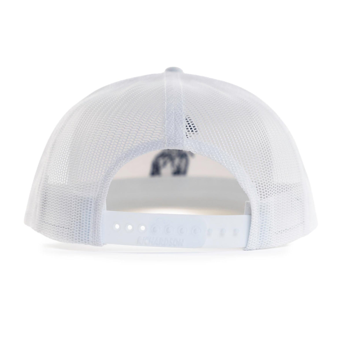 Back view of white trucker hat with white mesh panels and adjustable snapback closure
