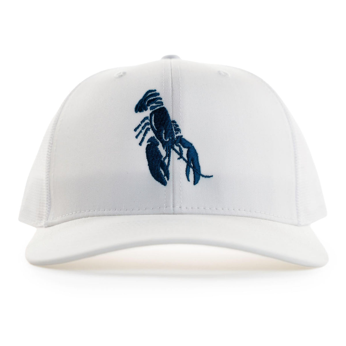 White trucker hat with embroidered navy Maine lobster logo on the front, front view