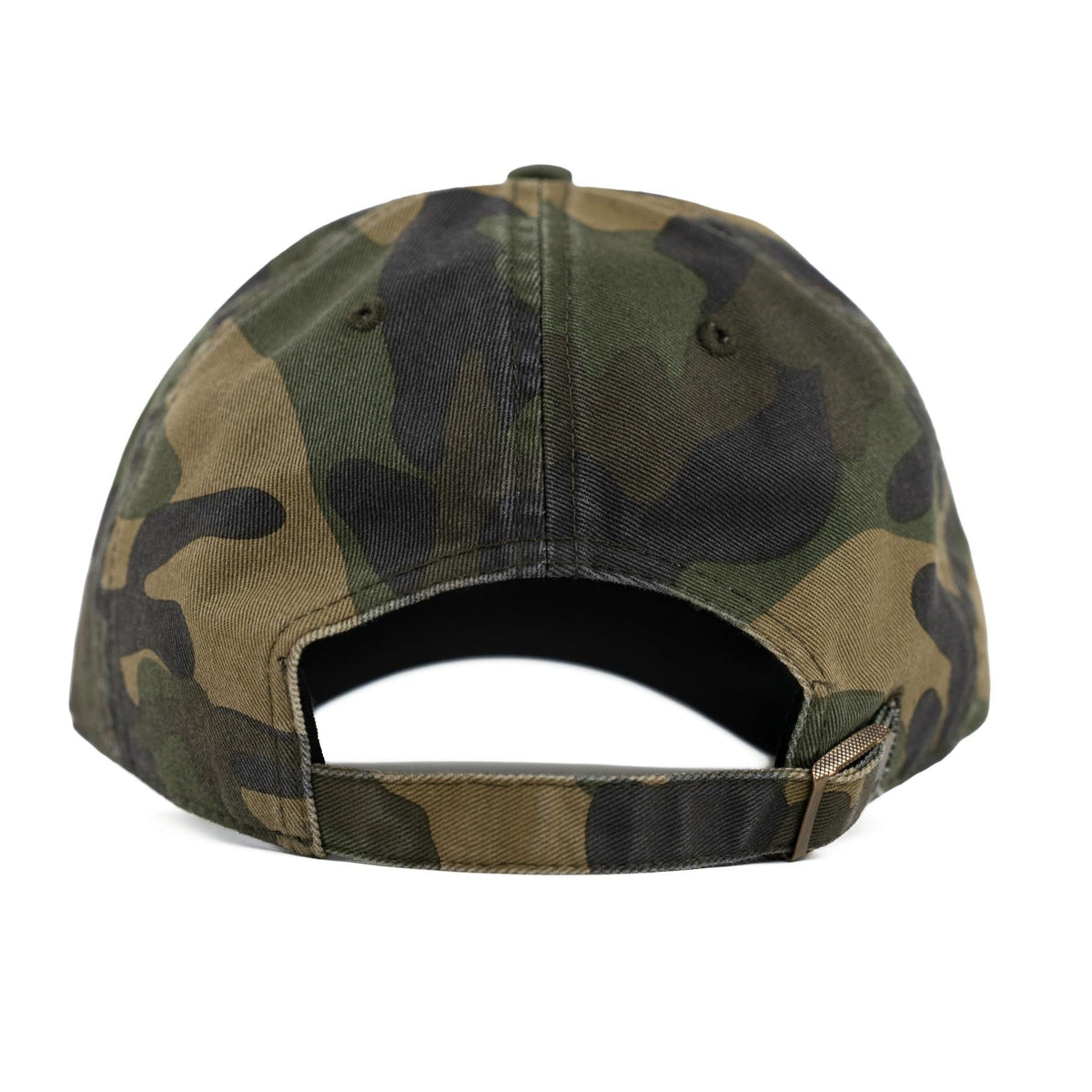 Green camo dad hat, rear view showing adjustable strap and brass buckle closure