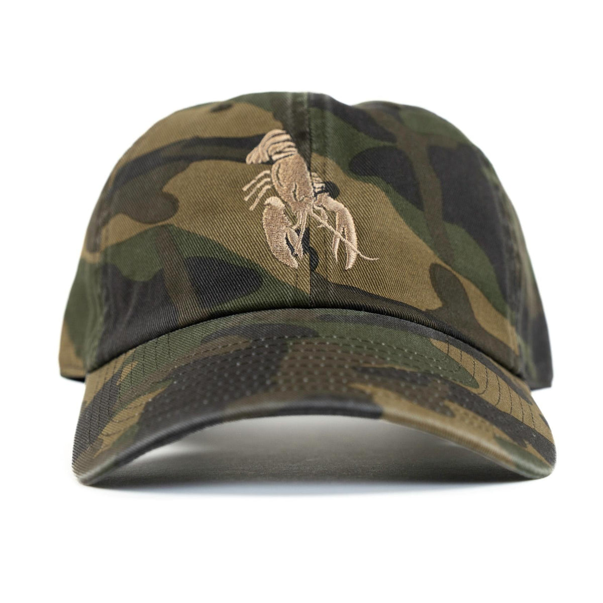 Green camo dad hat, front view with tan embroidered Maine lobster logo
