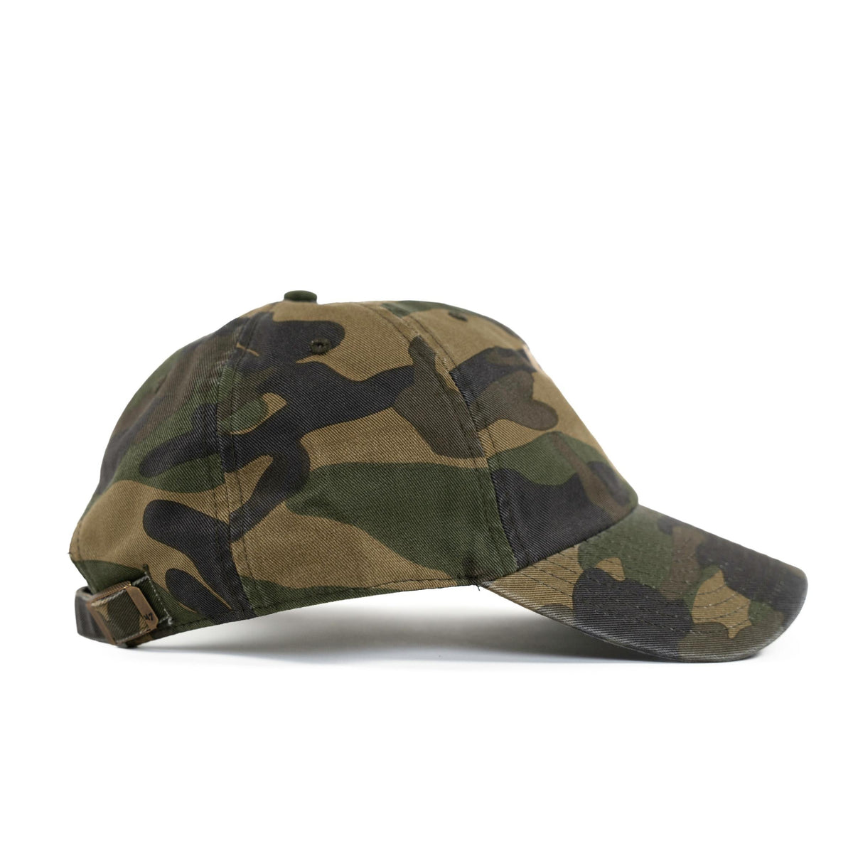 Green camo dad hat, side profile view with curved brim and brass buckle strap
