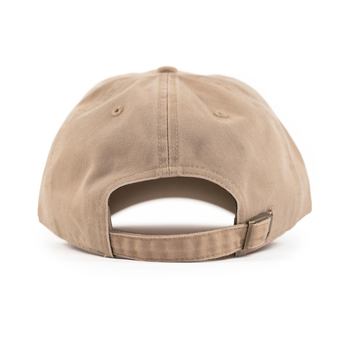 Back view of a plain khaki dad hat with an adjustable buckle strap closure