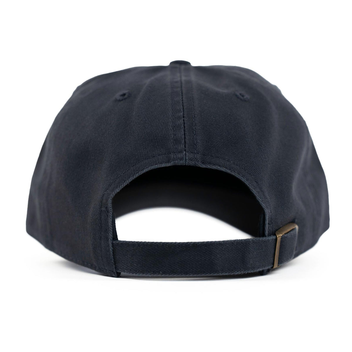 Vintage navy dad hat, back view showing adjustable strap and buckle closure