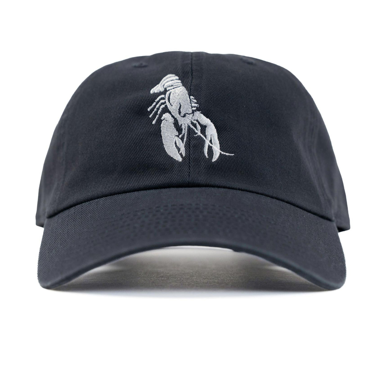 Vintage navy dad hat with an embroidered white Maine lobster on the front