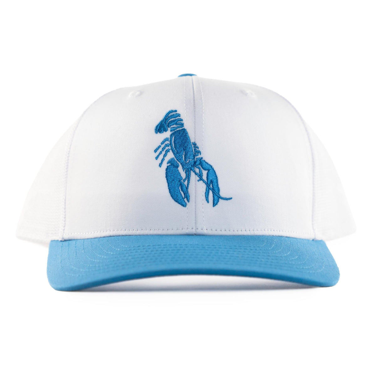 White trucker hat with blue brim and embroidered blue Maine lobster logo on front