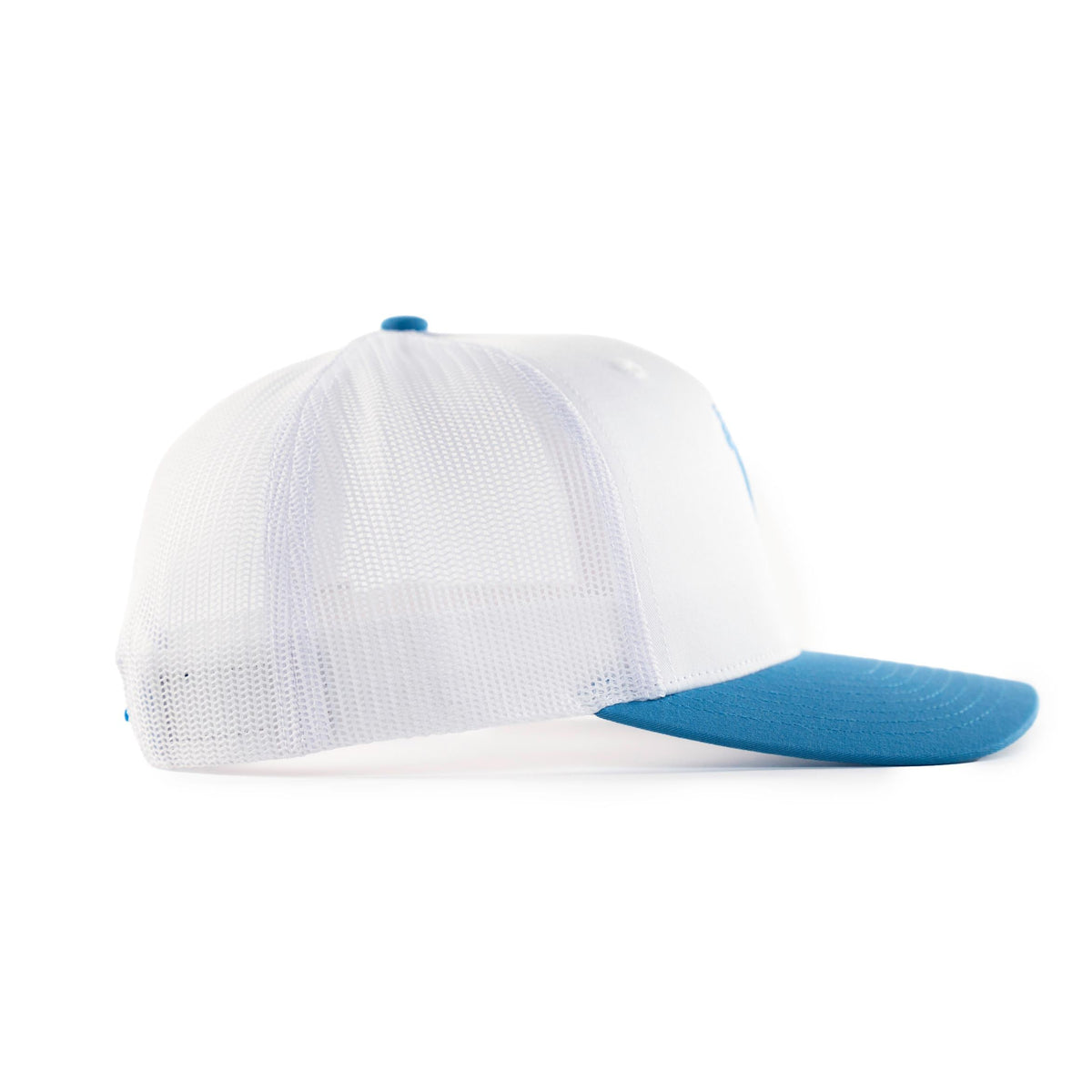 Side view of white trucker hat with blue brim and white mesh back