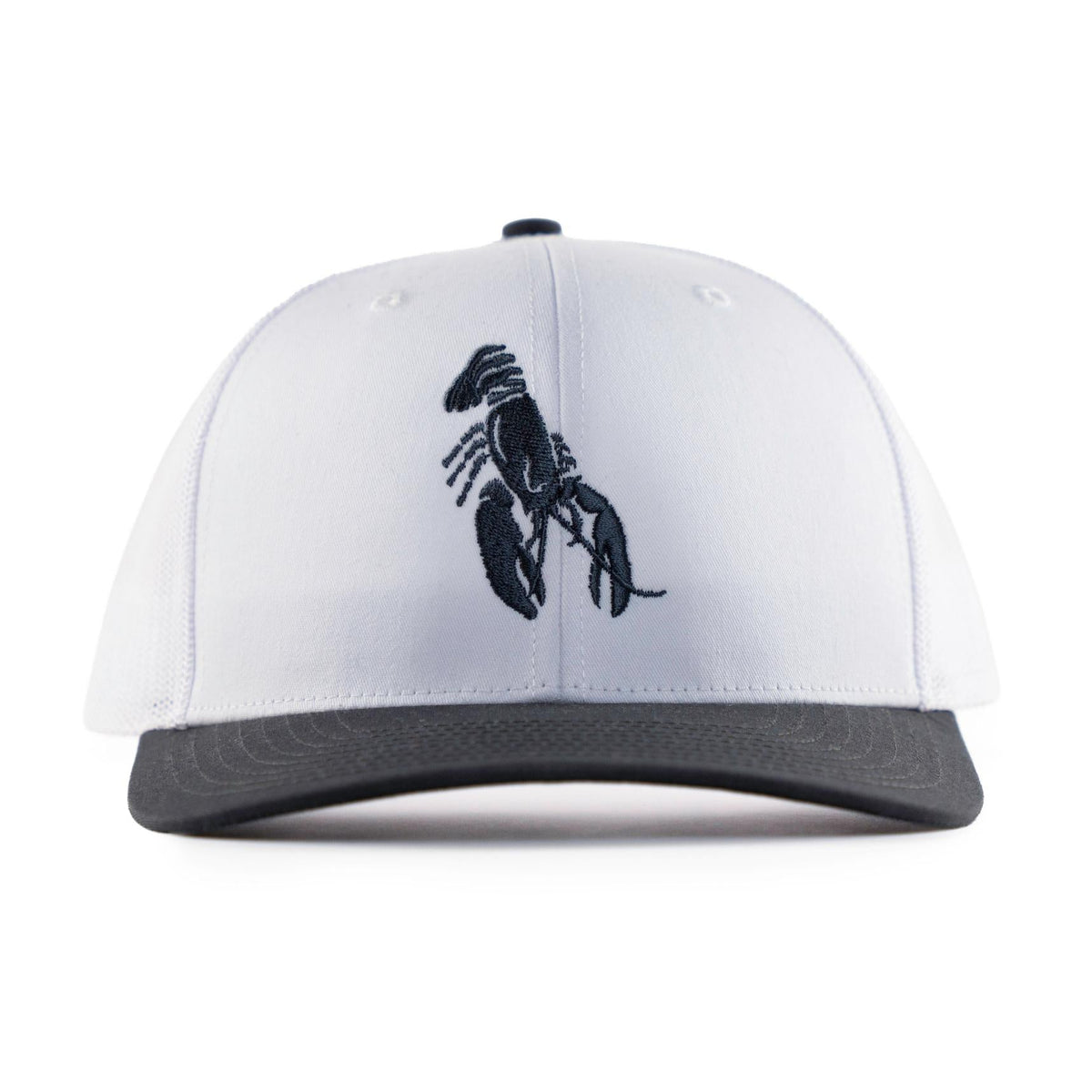 White trucker hat with charcoal brim and embroidered charcoal Maine lobster logo on front