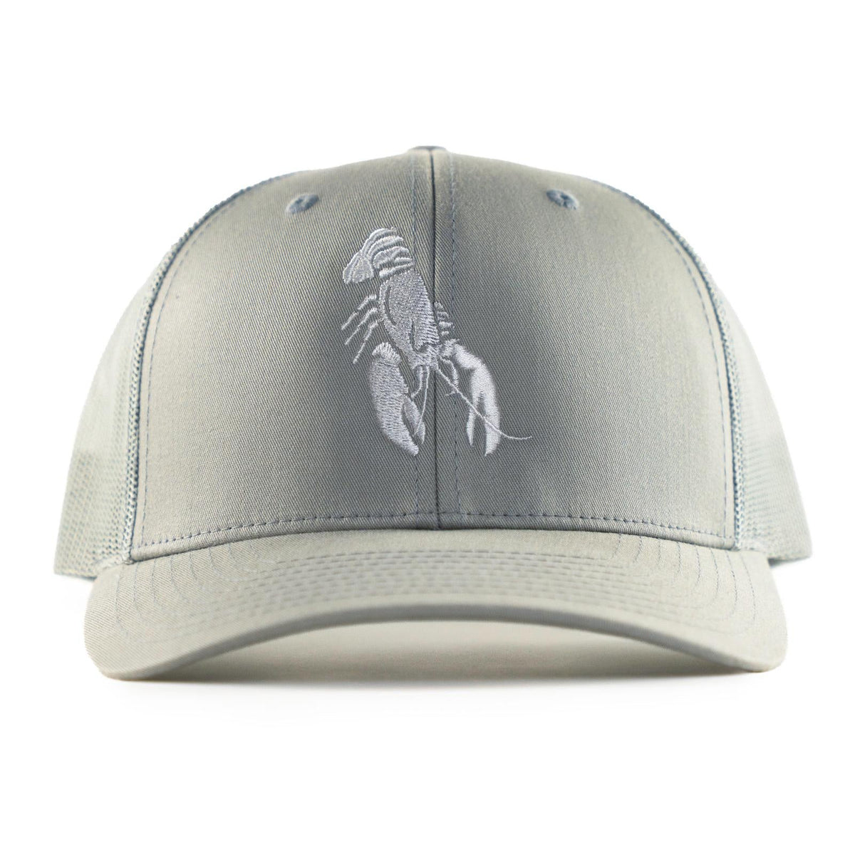 Gray trucker hat with embroidered white Maine lobster logo on front