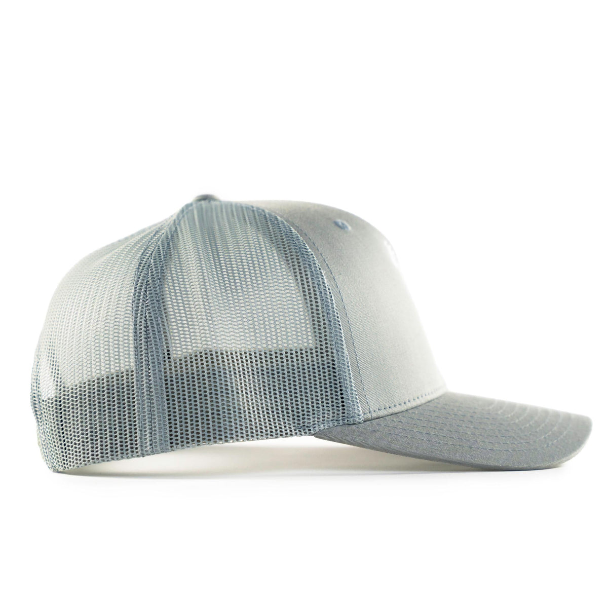 Side view of gray trucker hat with matching gray mesh back