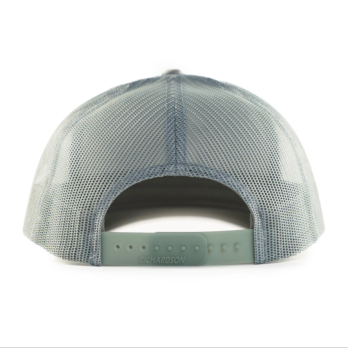 Back view of a gray mesh trucker hat with a Richardson snapback closure strap