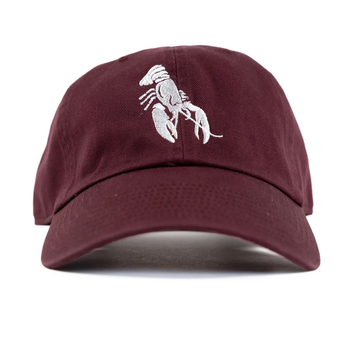 Dark maroon dad hat, front view with white embroidered Maine lobster logo