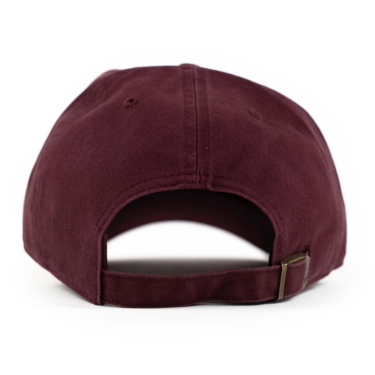 Dark maroon dad hat, rear view showing adjustable strap and brass buckle closure