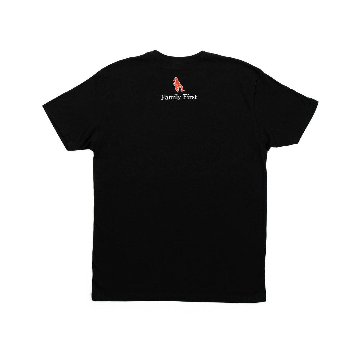 Back of black tee with small red lobster and white Family First text below the collar