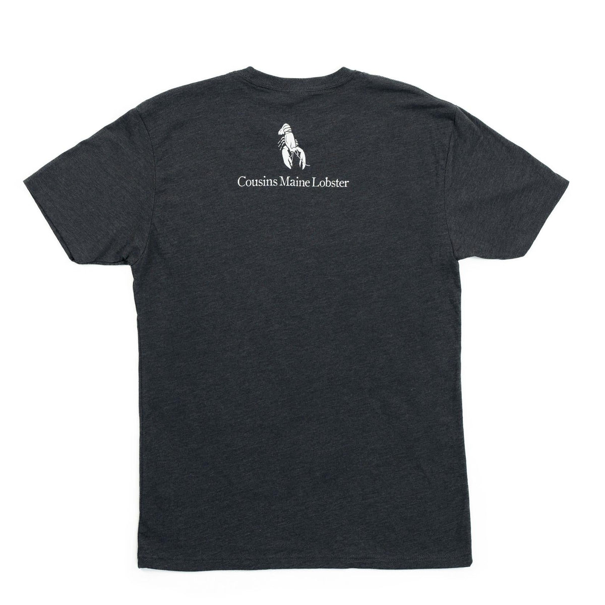 Charcoal gray short-sleeve tee back with white Maine lobster logo and Cousins Maine Lobster text
