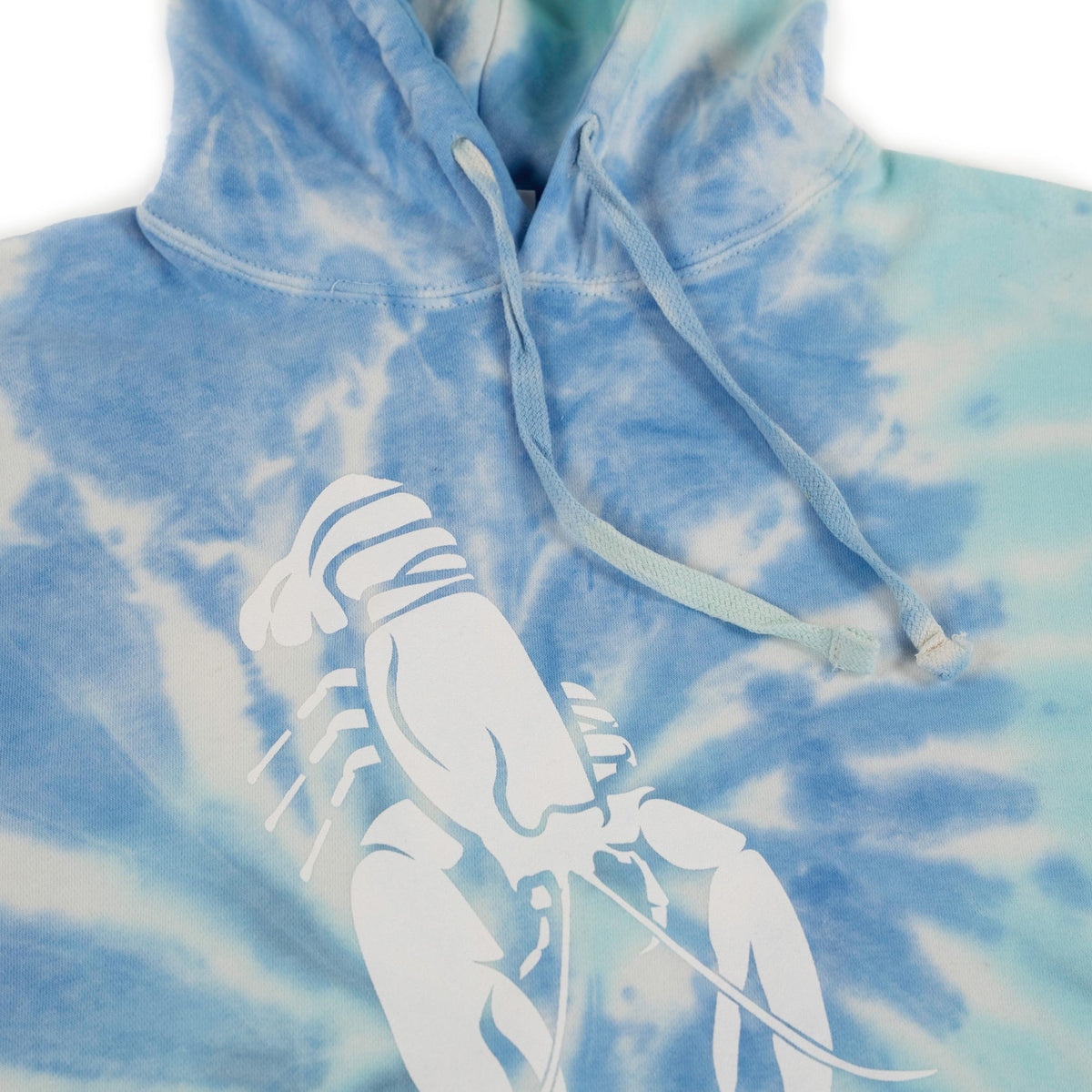 Blue and teal tie-dye hoodie with a white Maine lobster graphic and matching drawstring