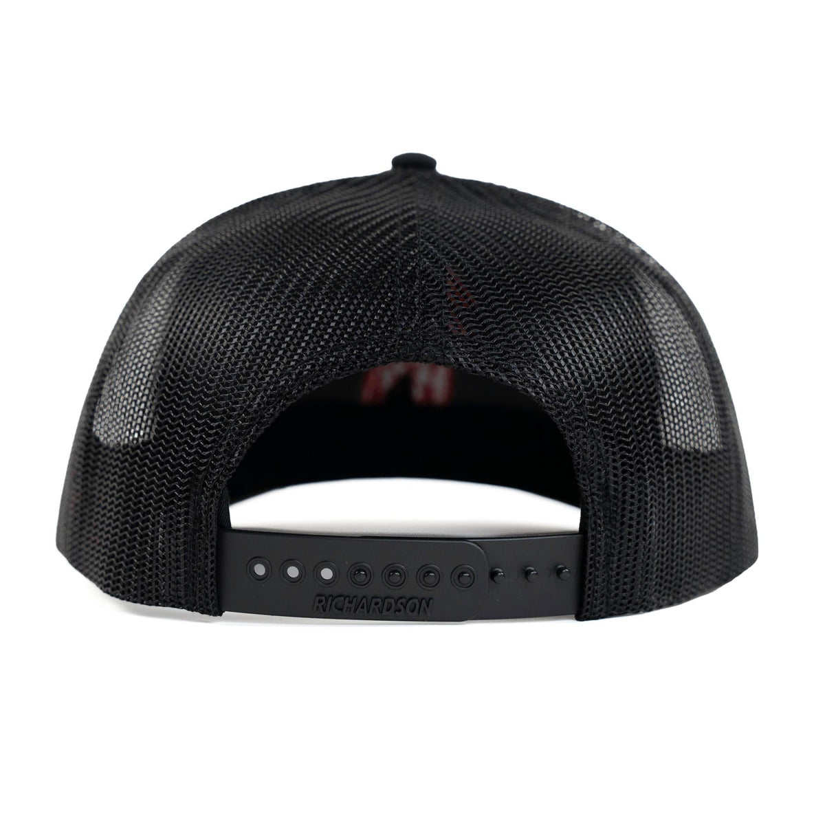 Back view of black trucker hat with black mesh panels and adjustable snapback closure