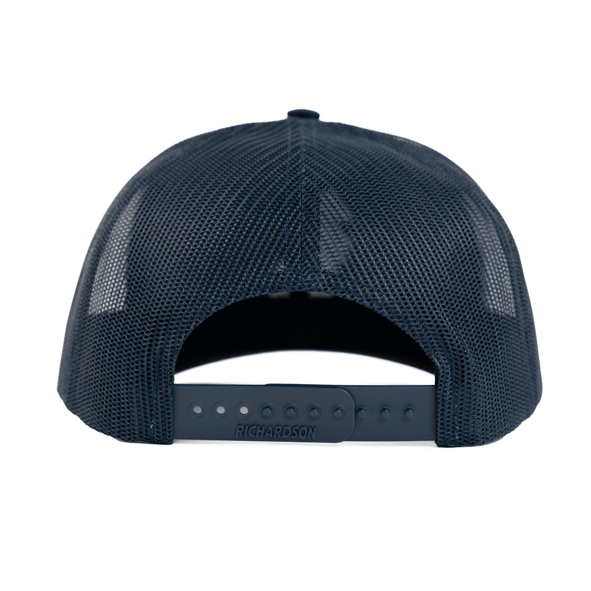Back view of navy trucker hat with mesh panels and adjustable snapback closure