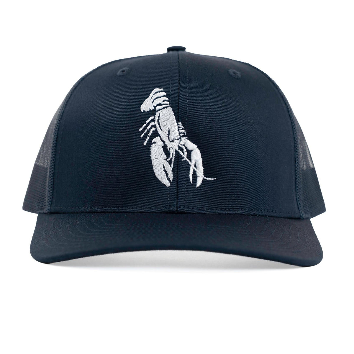 Navy trucker hat with embroidered white Maine lobster logo on the front, front view